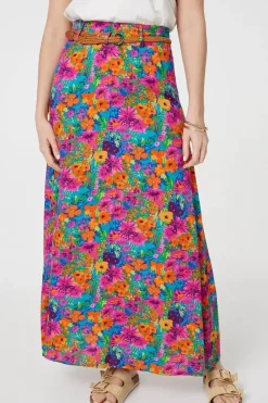 Floral Print Belted A-Line Maxi Skirt