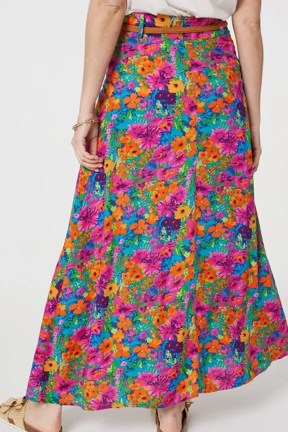 Floral Print Belted A-Line Maxi Skirt
