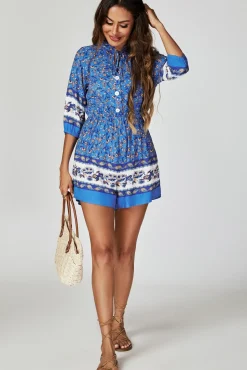 Floral Print Boho Playsuit With Buttons In Blue