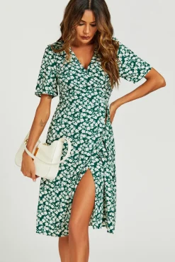 Floral Print Button Tea Midi Dress  In Green