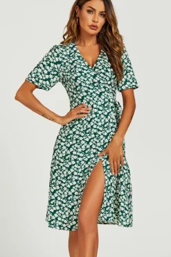 Floral Print Button Tea Midi Dress In Green