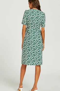 Floral Print Button Tea Midi Dress In Green