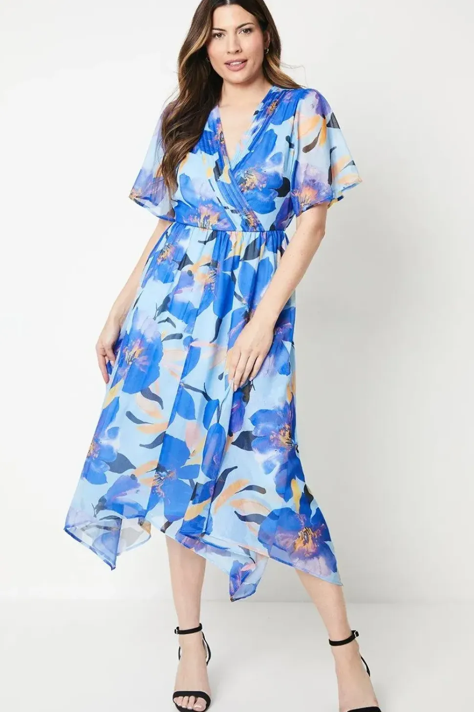Floral Print Chiffon Pleat Wrap Hanky Hem Midi Dress