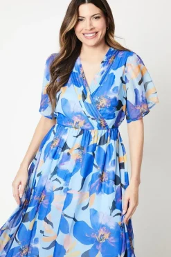 Floral Print Chiffon Pleat Wrap Hanky Hem Midi Dress