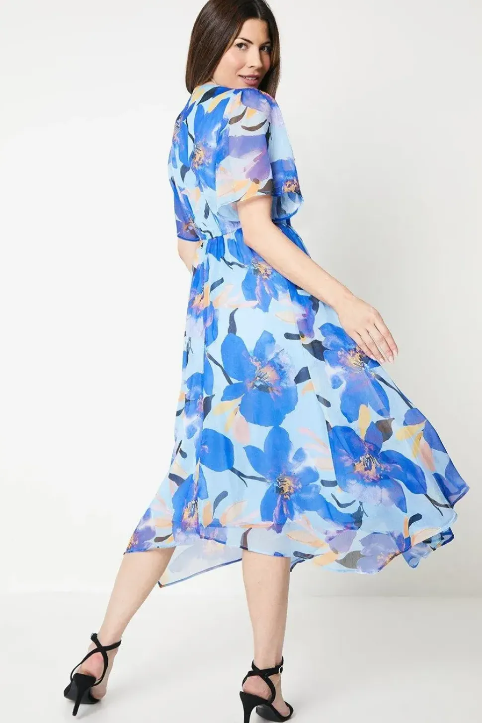 Floral Print Chiffon Pleat Wrap Hanky Hem Midi Dress