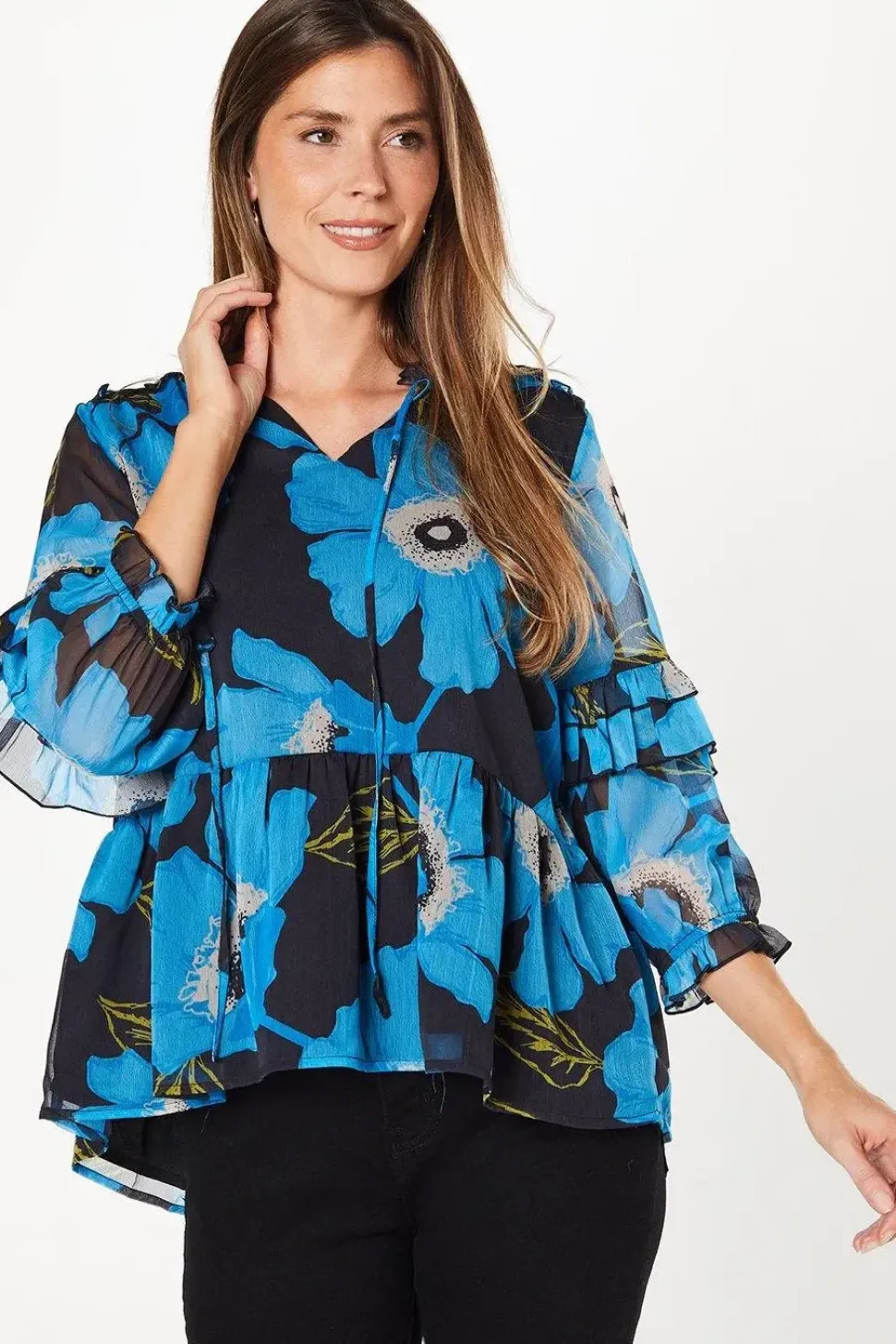 Floral Print Chiffon Ruffle Frill Boho Blouse