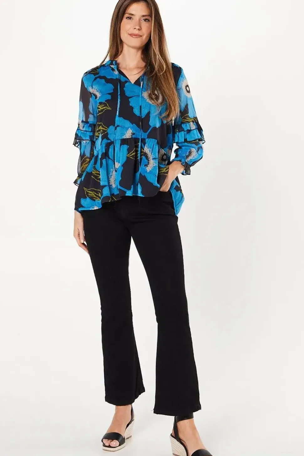 Floral Print Chiffon Ruffle Frill Boho Blouse