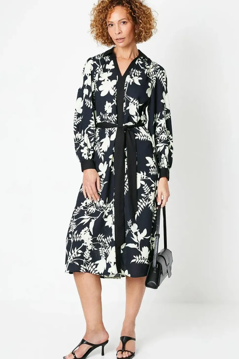 Floral Print Contrast Piping Midi Shirt Dress