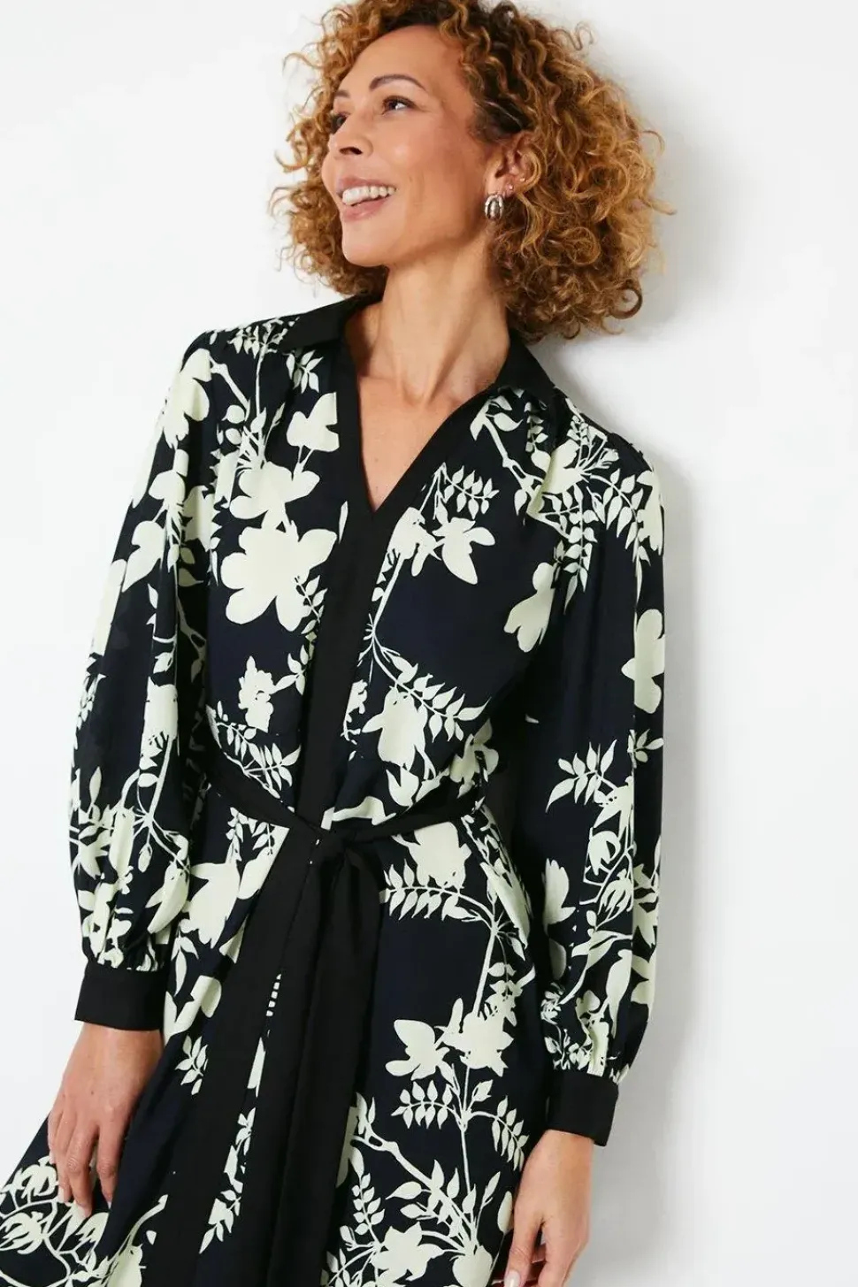 Floral Print Contrast Piping Midi Shirt Dress