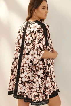 Floral Print Crochet Trim Kimono