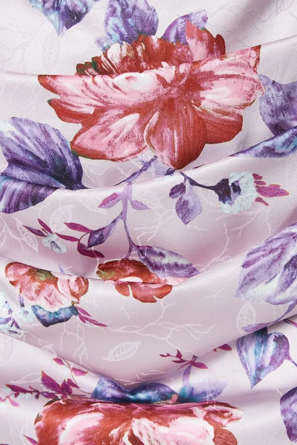 Floral Print Drape Satin Jacquard Midi Dress