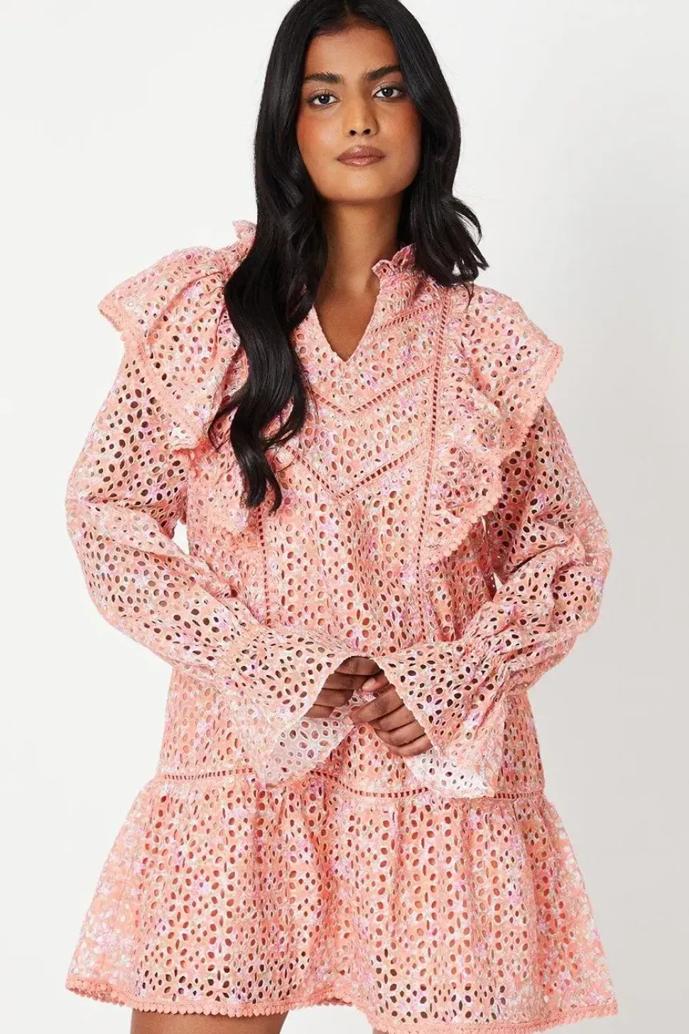 Floral Printed Broderie Frill Detail Mini Dress