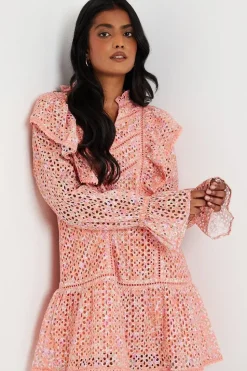 Floral Printed Broderie Frill Detail Mini Dress