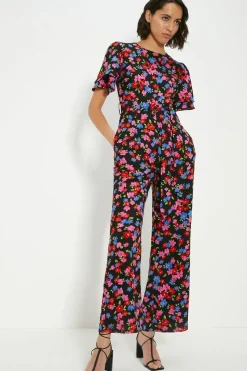 Floral Printed Crepe Belted Jumpsuit