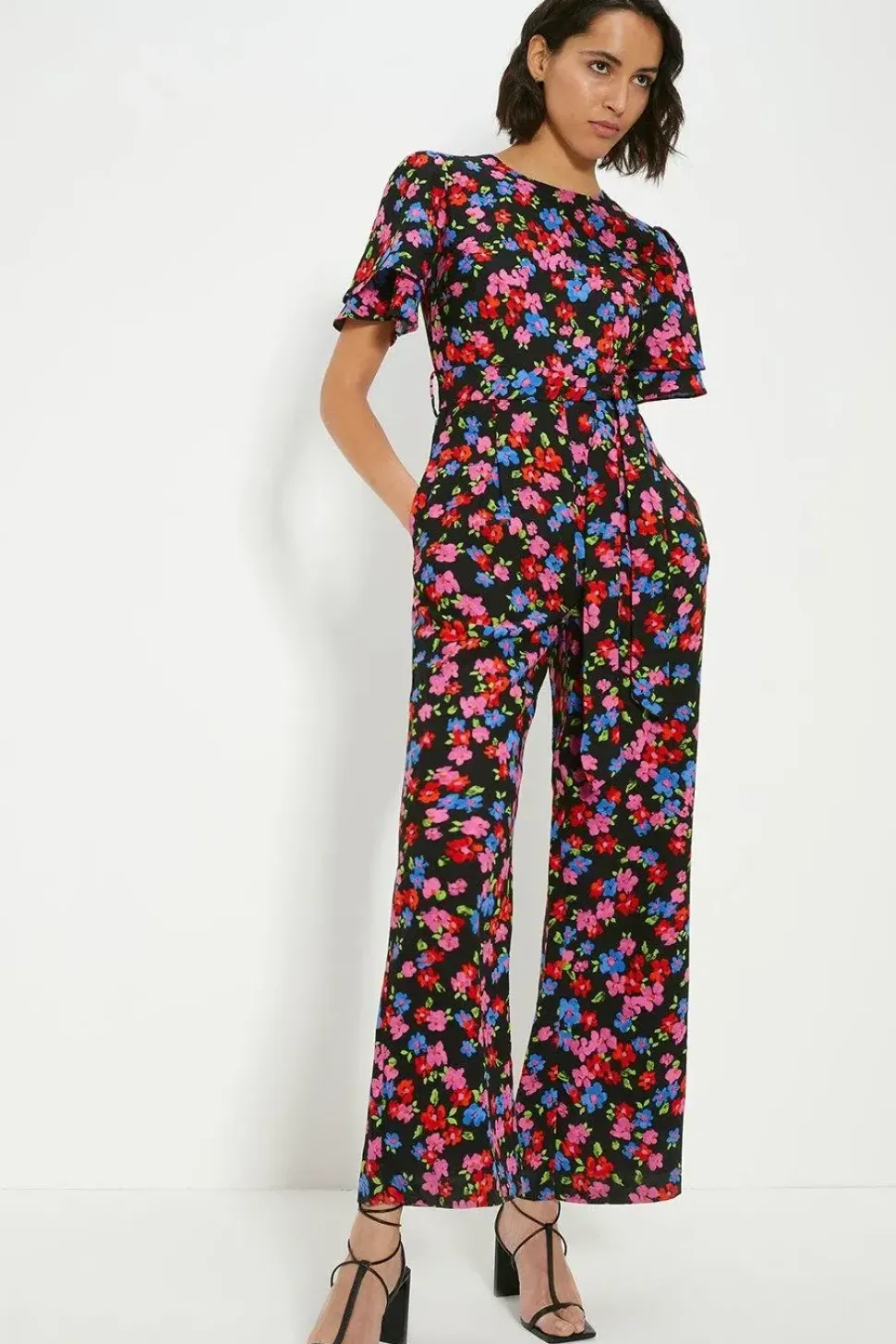Floral Printed Crepe Belted Jumpsuit