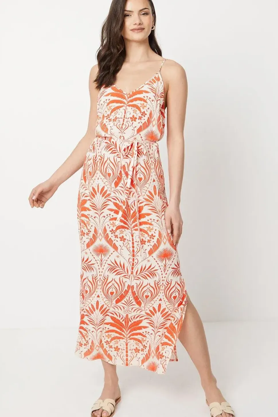 Floral Printed Crinkle Strappy Belted Midi Dress