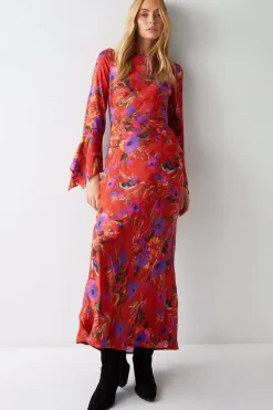 Floral Printed Fluted Sleeve Maxi Dress