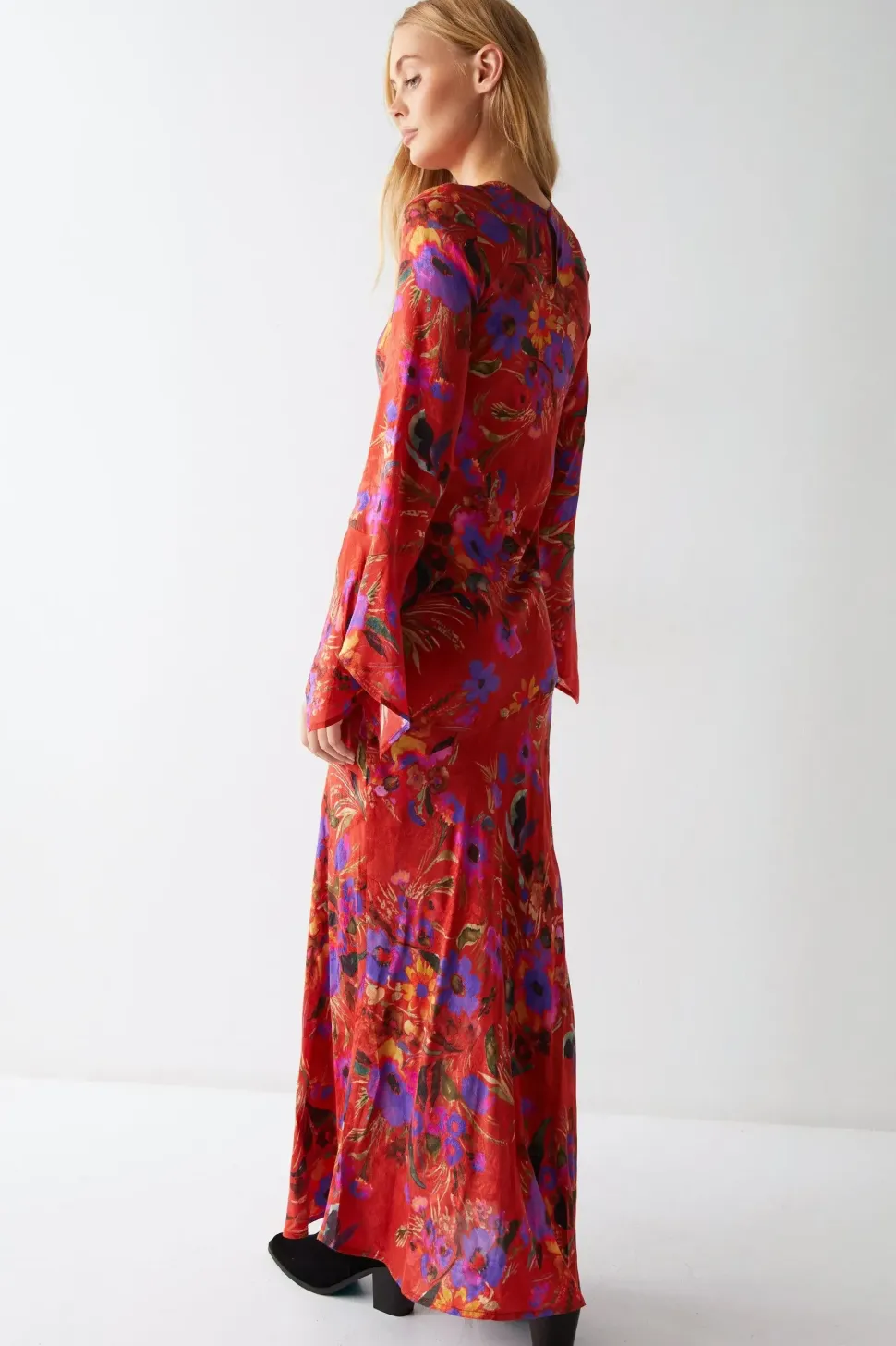 Floral Printed Fluted Sleeve Maxi Dress