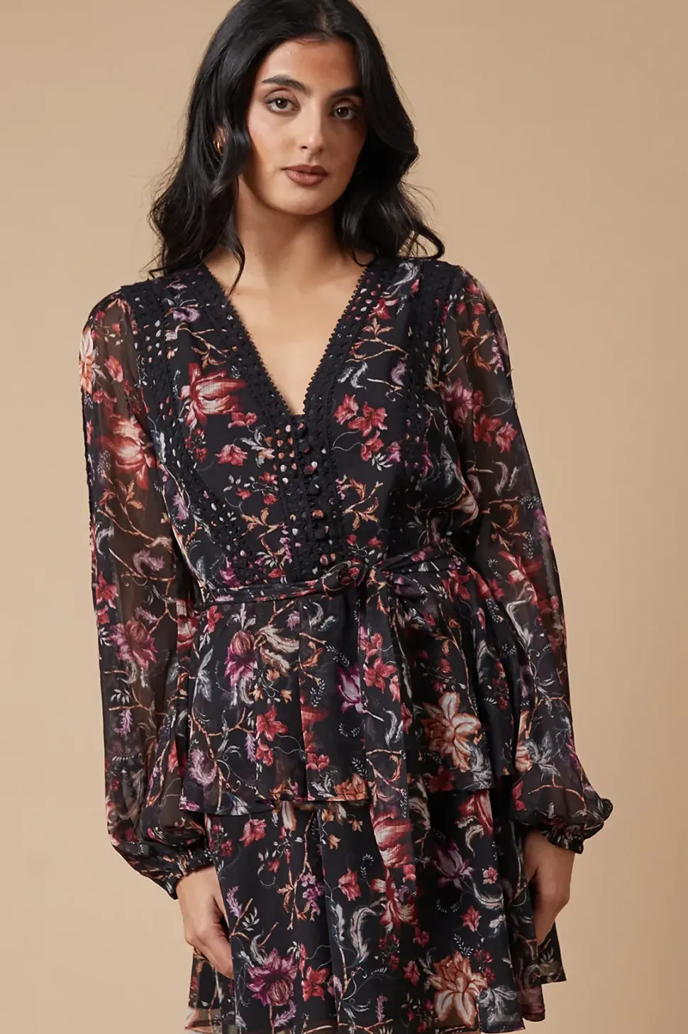 Floral Printed Lace Trim Tiered Belted Mini Dress