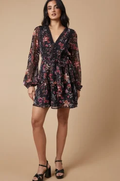 Floral Printed Lace Trim Tiered Belted Mini Dress
