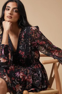 Floral Printed Lace Trim Tiered Belted Mini Dress