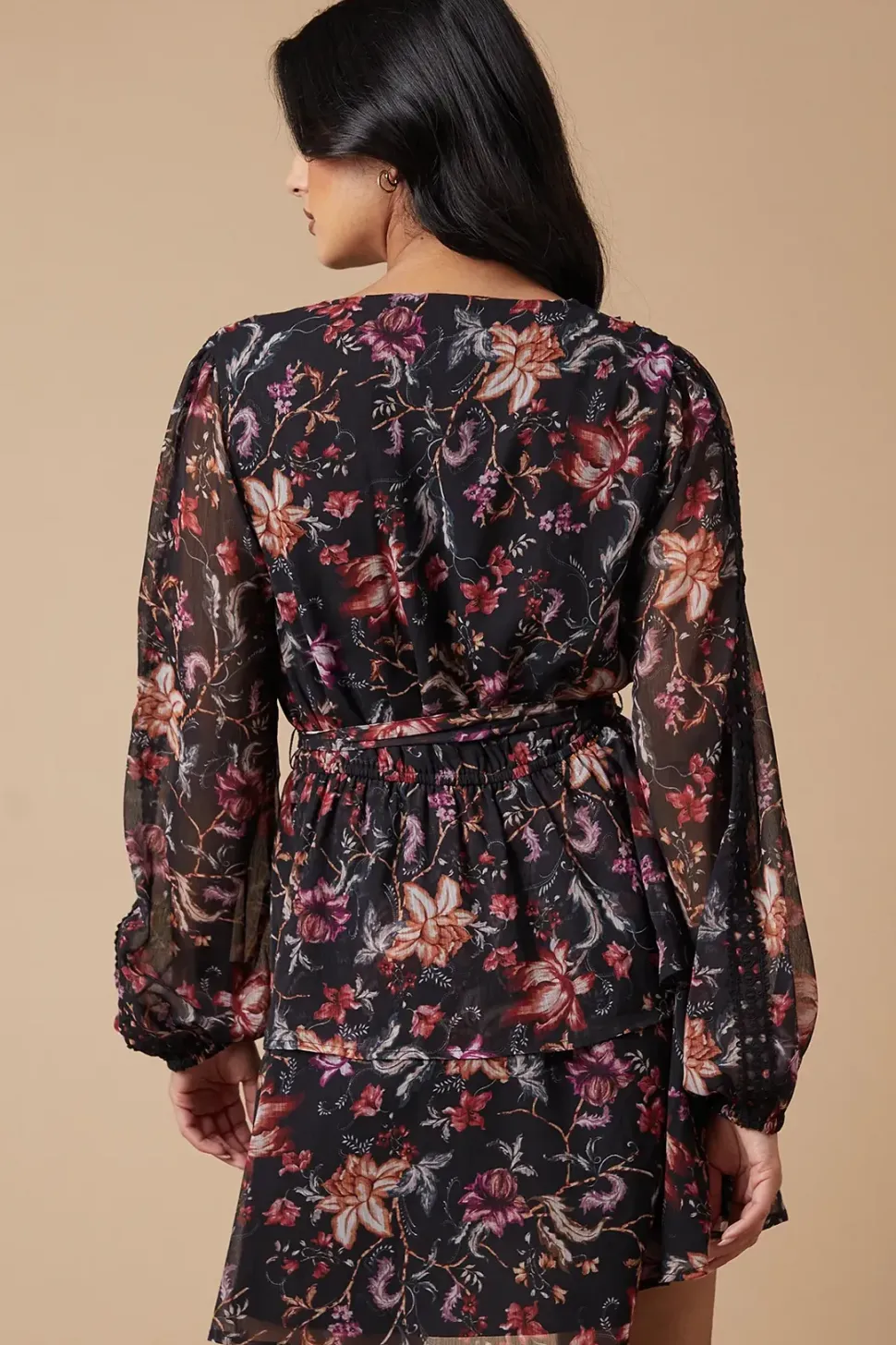 Floral Printed Lace Trim Tiered Belted Mini Dress