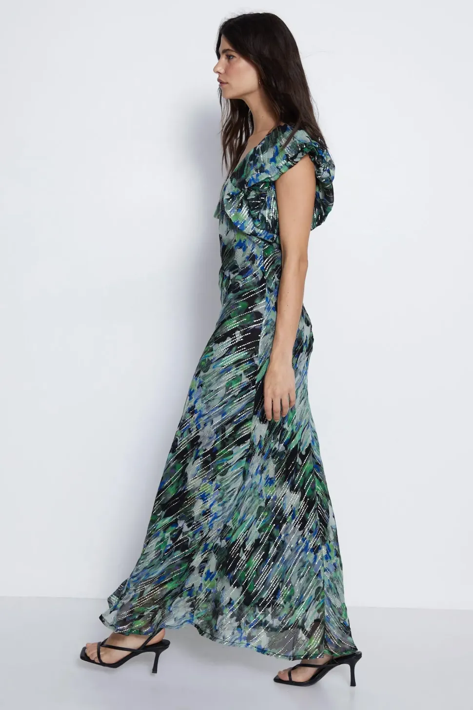 Floral Printed Metallic Midi Dress