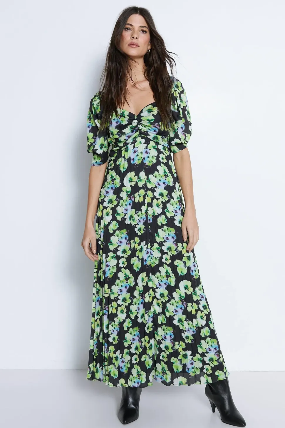 Floral Printed Ruched Sleeve Pleated Midi Dress
