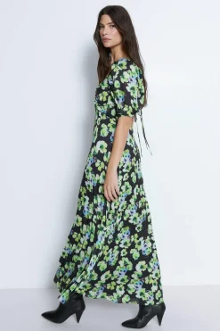Floral Printed Ruched Sleeve Pleated Midi Dress