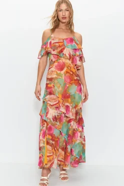 Floral Printed Ruffle Frill Detail Maxi Dress