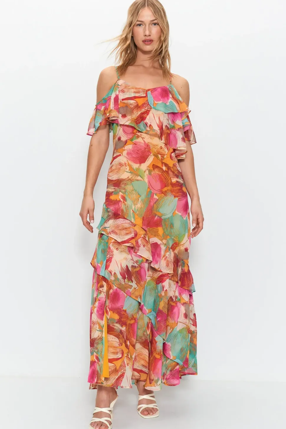 Floral Printed Ruffle Frill Detail Maxi Dress