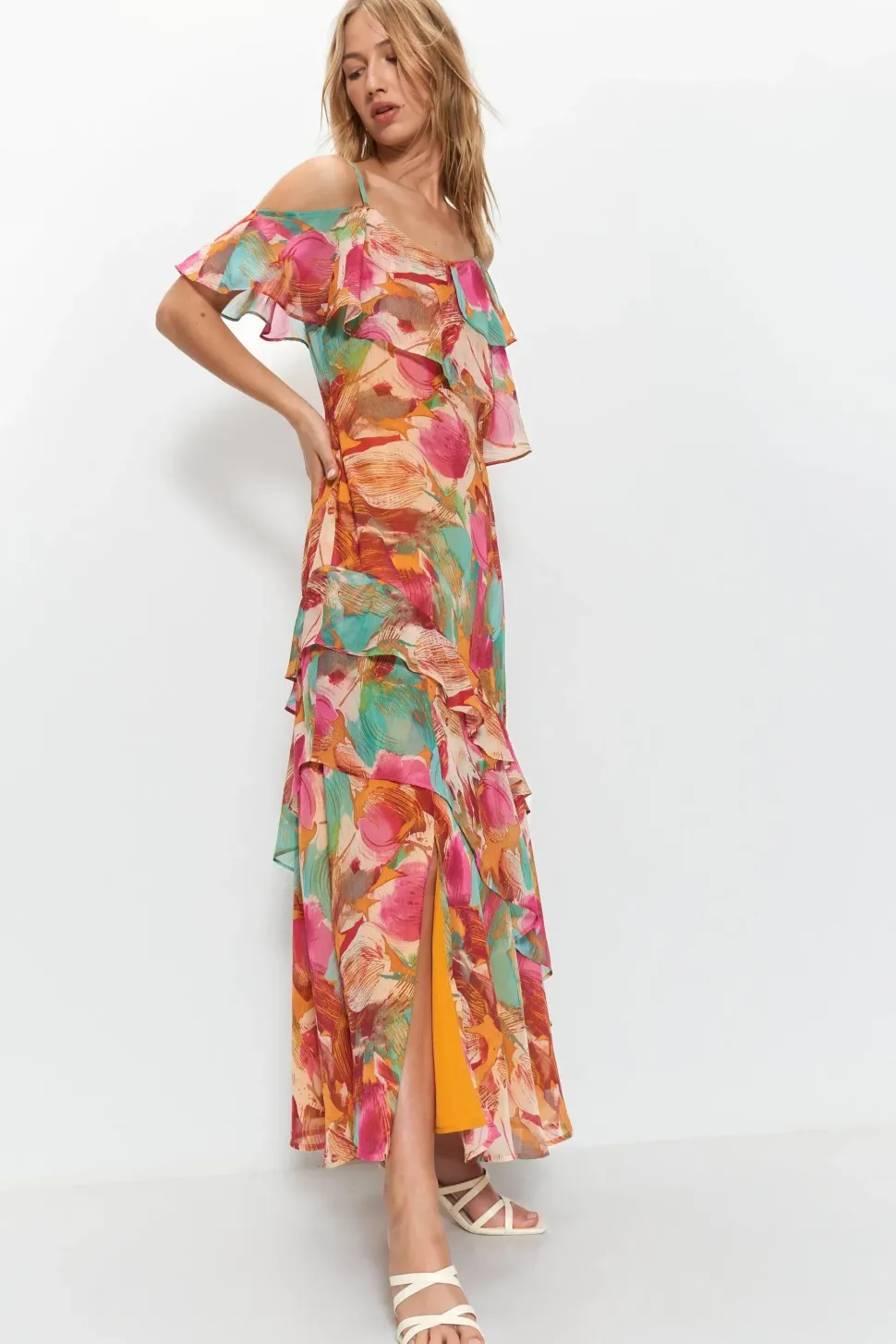 Floral Printed Ruffle Frill Detail Maxi Dress