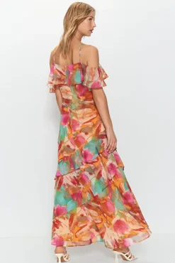 Floral Printed Ruffle Frill Detail Maxi Dress