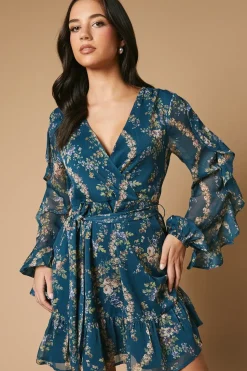 Floral Printed Ruffle Sleeve Bow Detail Mini Dress