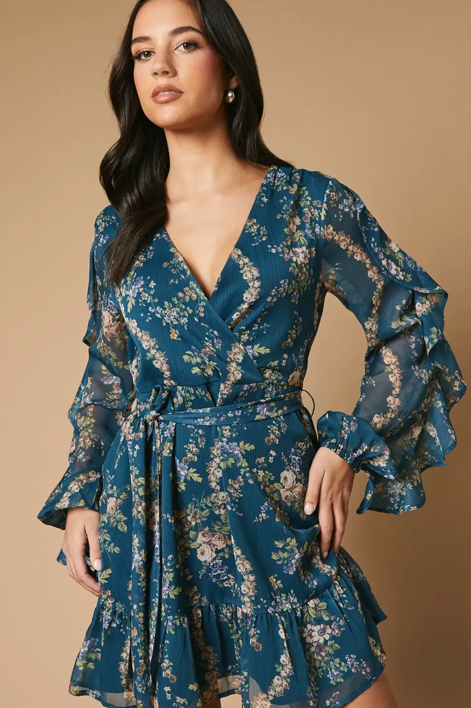 Floral Printed Ruffle Sleeve Bow Detail Mini Dress