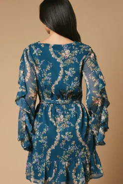 Floral Printed Ruffle Sleeve Bow Detail Mini Dress