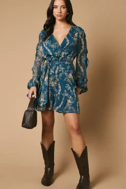 Floral Printed Ruffle Sleeve Bow Detail Mini Dress