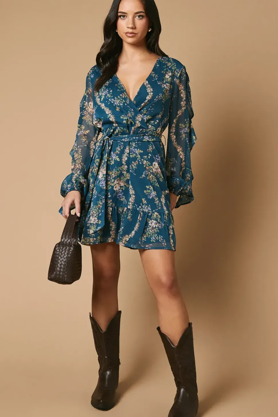 Floral Printed Ruffle Sleeve Bow Detail Mini Dress