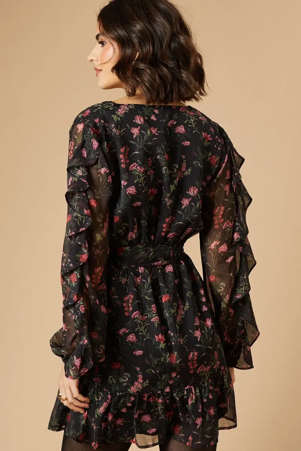 Floral Printed Ruffle Sleeve Bow Detail Mini Dress