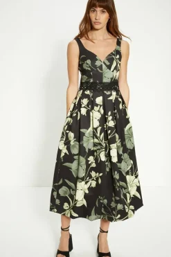 Floral Printed Scuba Lace Detail Midi Dress