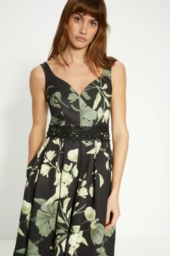 Floral Printed Scuba Lace Detail Midi Dress