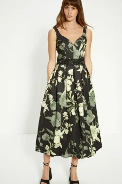 Floral Printed Scuba Lace Detail Midi Dress