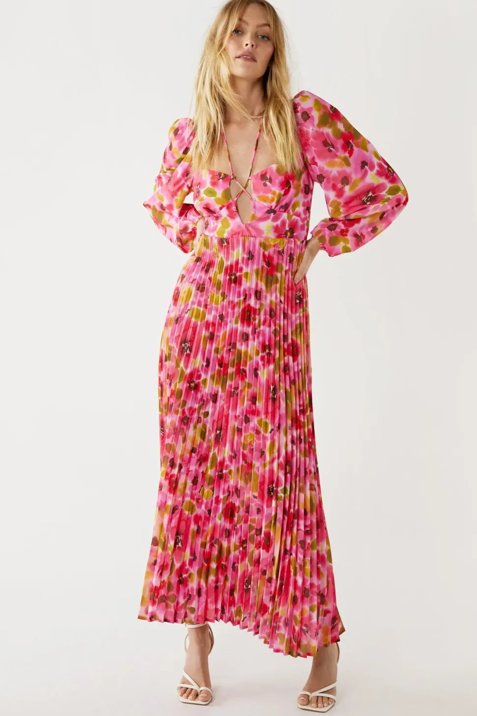 Floral Printed Strap Detail Pleated Midi Dress