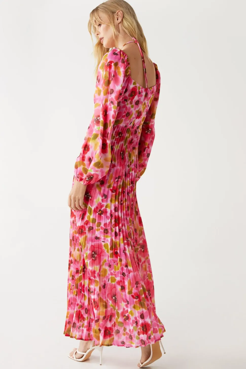 Floral Printed Strap Detail Pleated Midi Dress