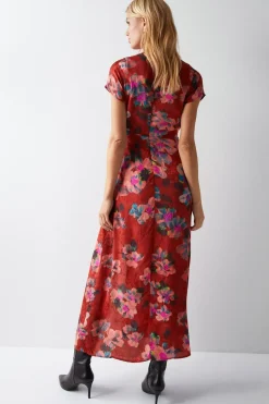 Floral Printed Viscose Jacquard Keyhole Midi Dress