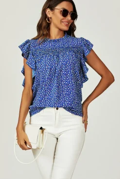 Floral Print Frill Hem Short Sleeve Blouse Top In Blue
