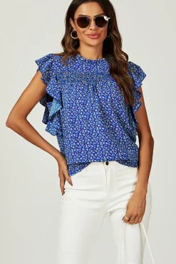 Floral Print Frill Hem Short Sleeve Blouse Top In Blue