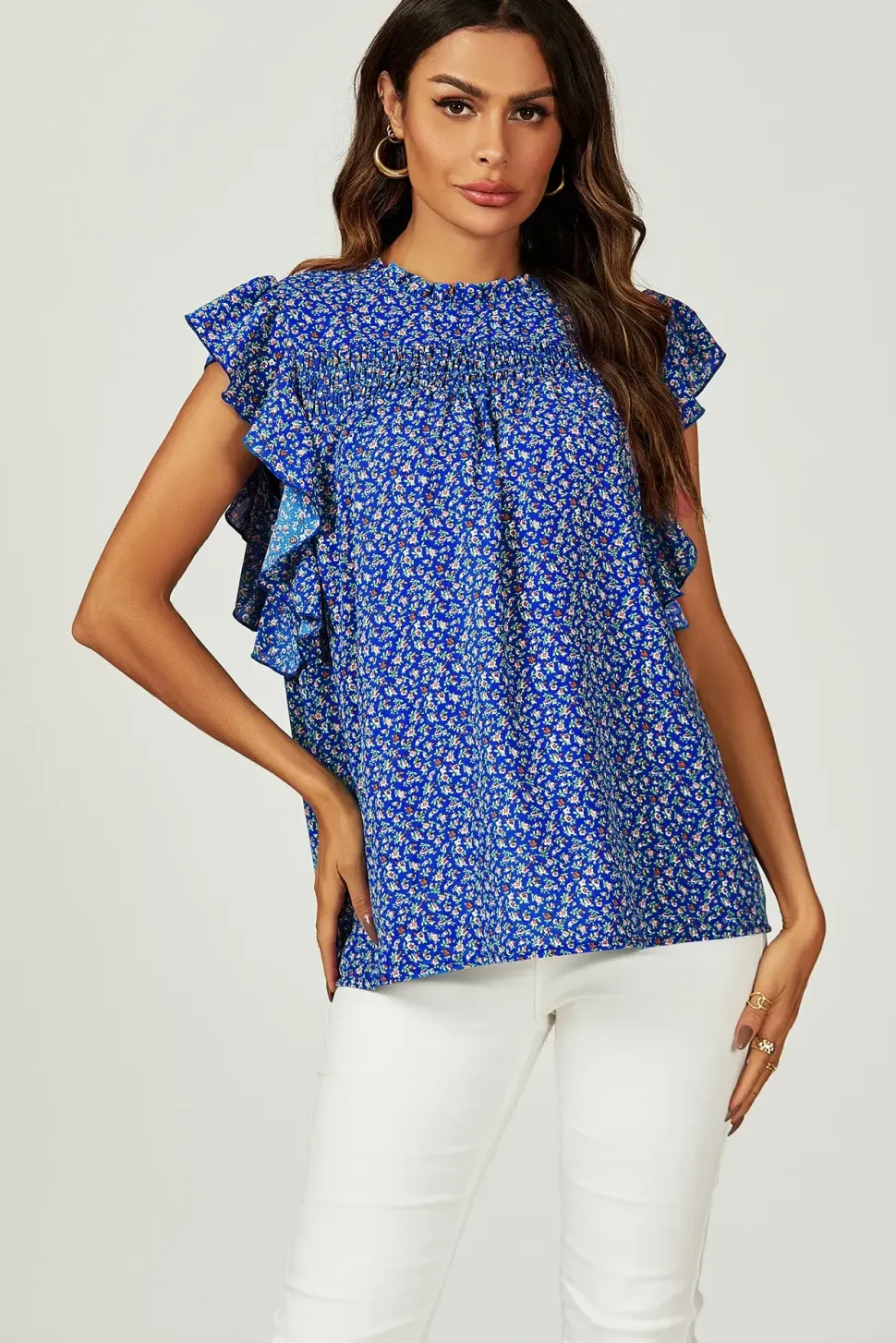 Floral Print Frill Hem Short Sleeve Blouse Top In Blue