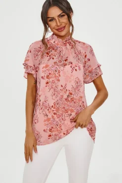 Floral Print Frill Hem Sleeve High Neck Blouse Top In Pink