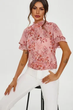 Floral Print Frill Hem Sleeve High Neck Blouse Top In Pink